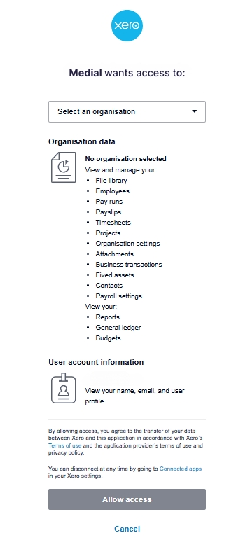 Xero authorization page